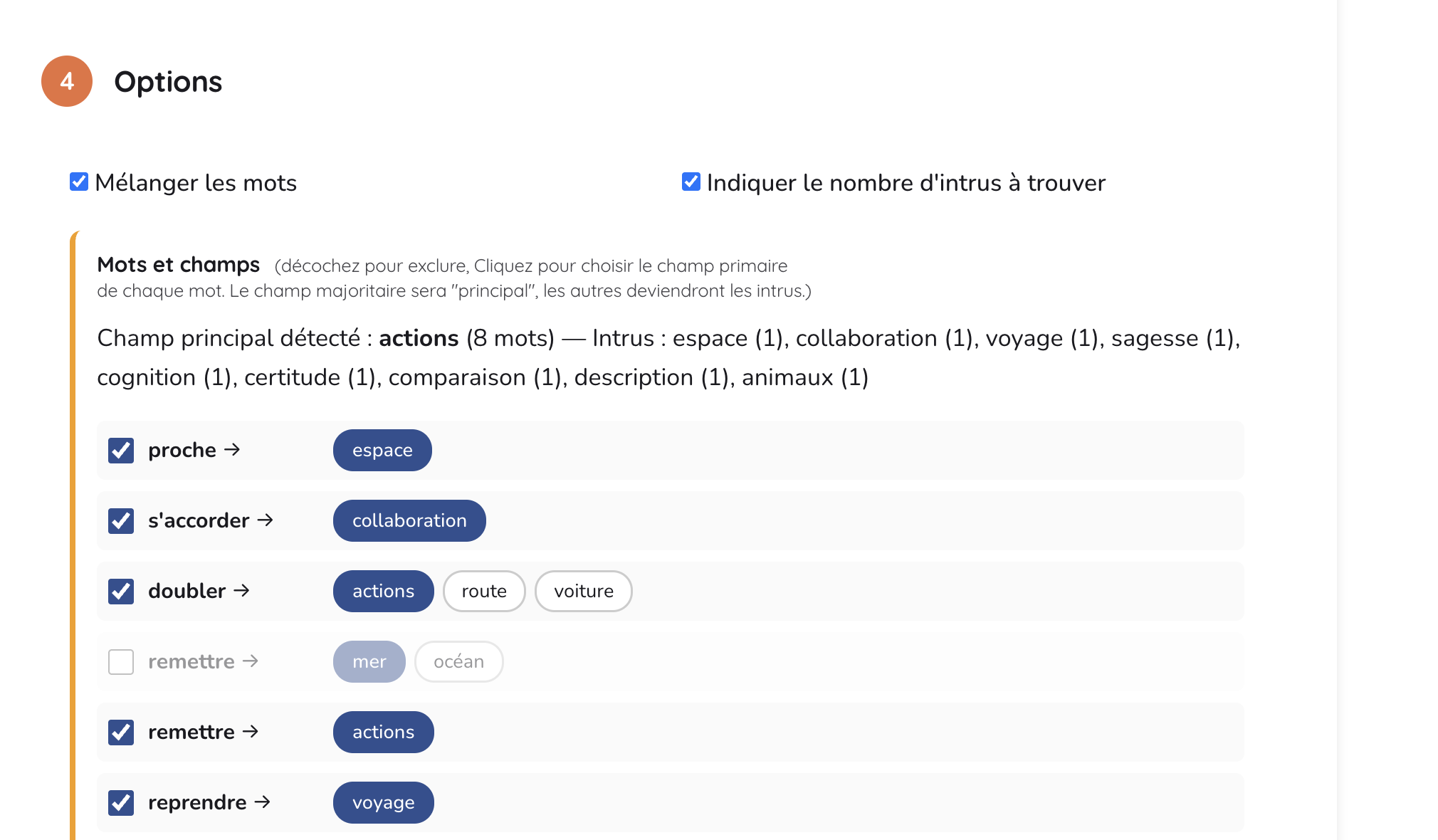 Capture de l'activité Intrus jouée par un élève