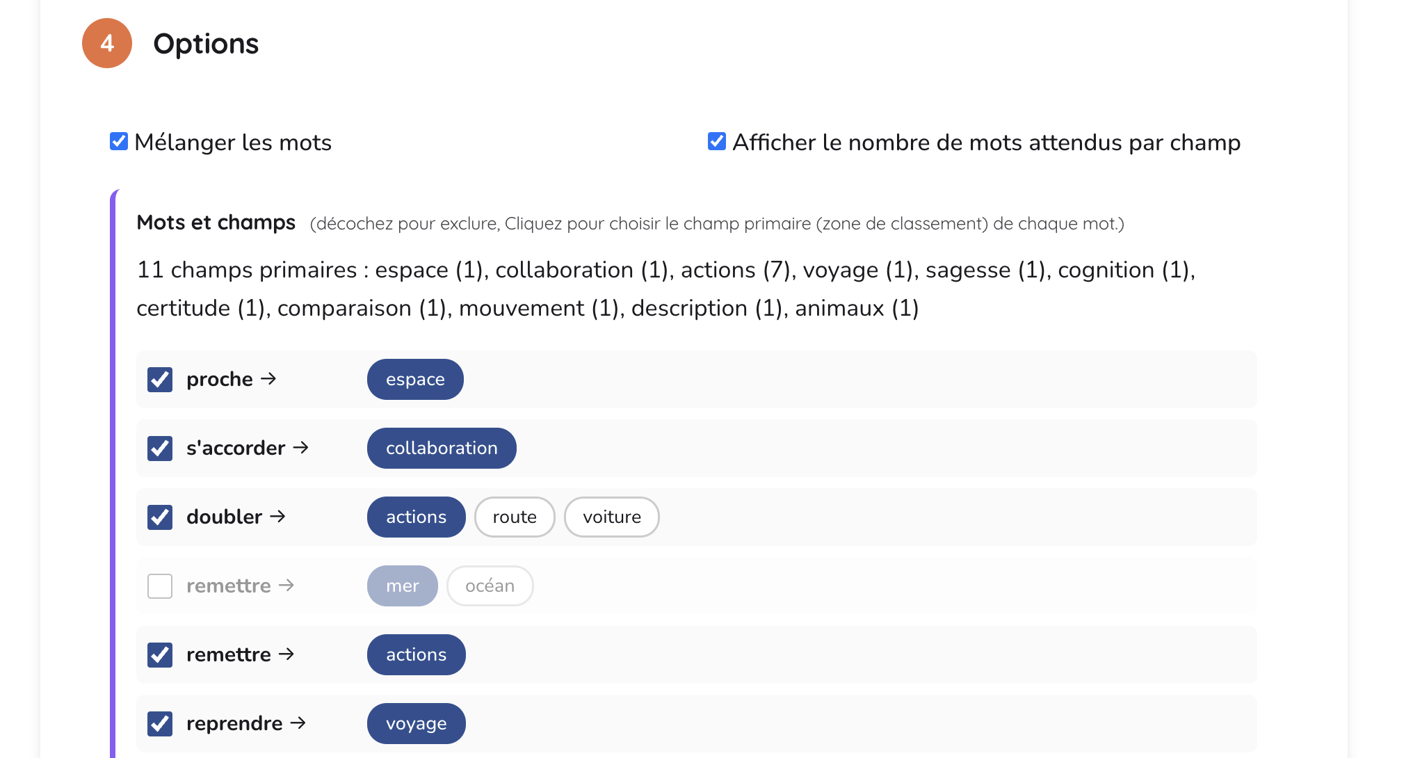 Capture de l'activité Champ lexical jouée par un élève